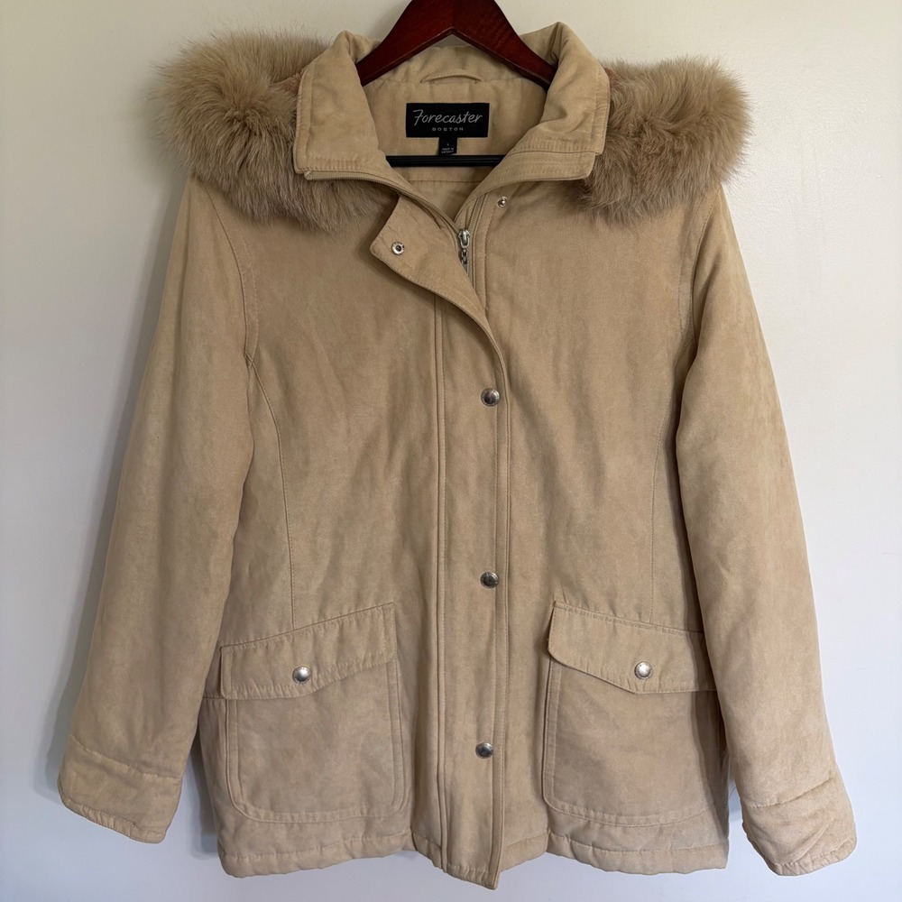Forecaster Boston Faux Suede Fox Fur Trim Hooded Parka Tan Beige Jacket 401864 L
